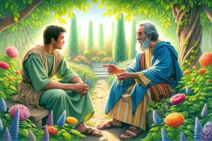 Apostle-John-speaking-with-Gaius-in-a-tranquil-garden-setting-highlighting-themes-of-love-hospitality-and-truth-within-the-early-Christian-community