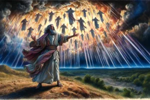 Jude-proclaiming-the-prophecy-of-Enoch-on-a-hilltop-with-a-dramatic-sky-filled-with-descending-holy-ones-visually-representing-the-divine-judgment-and-majesty-of-the-moment