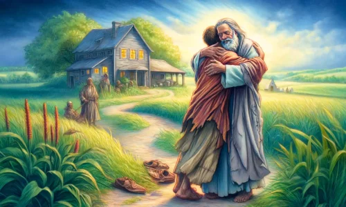 Here is the illustration depicting the Parable of the Prodigal Son from the Book of Luke. The scene captures the poignant moment of the prodigal son's return and his warm embrace by his compassionate father, set against a backdrop of lush fields and a rural setting. This image beautifully conveys the themes of forgiveness and renewal.